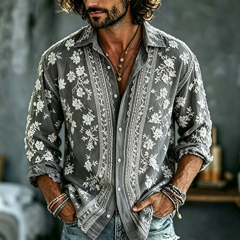 Cardydony Men's Summer Floral Embroidered Art Print Flowy Linen Blend Shirt