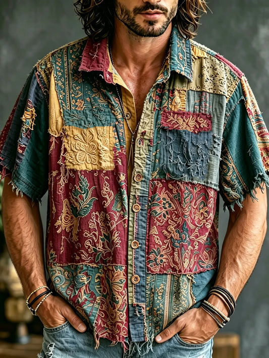 Cardydony Men's Retro Hippie Style Patchwork Short-sleeve Shirt