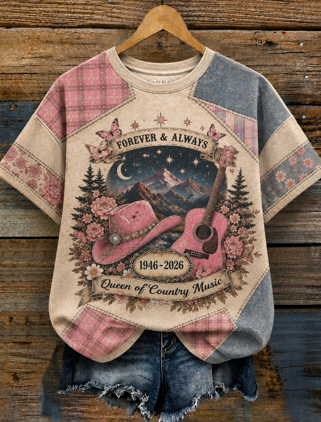 Cardydony Women's Vintage Forever Art Print Short Sleeve Round‑neck T-shirt