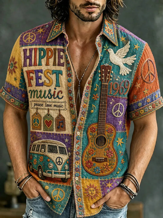 Cardydony Men's Retro Bohemian Hippie Style Floral Patchwork Print Short-sleeve Shirt
