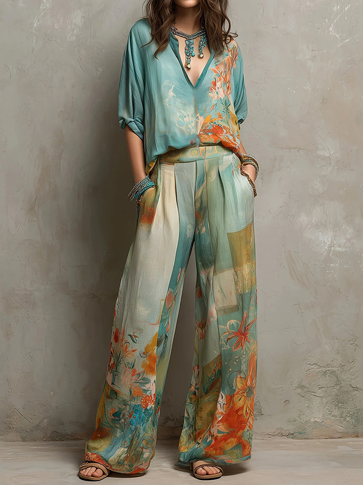 Cardydony Retro Floral Print Shirt Two Piece Set