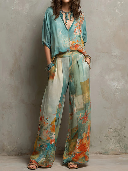 Cardydony Retro Floral Print Shirt Two Piece Set