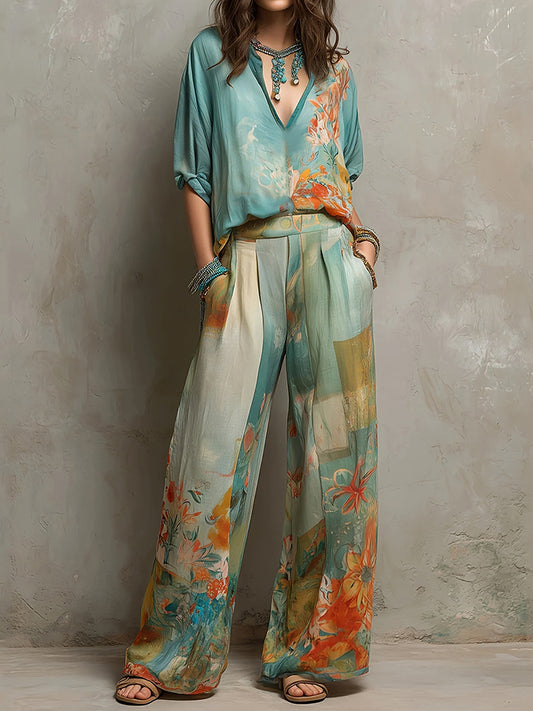 Cardydony Retro Floral Print Shirt Two Piece Set