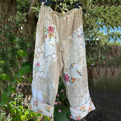 Cardydony Vintage Floral Lace Patchwork Fabric Casual Wide-leg Pants