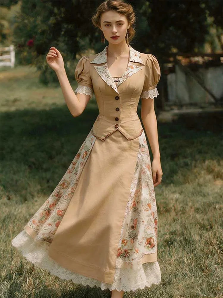 Cardydony French Country Style Patchwork Design Linen Suit