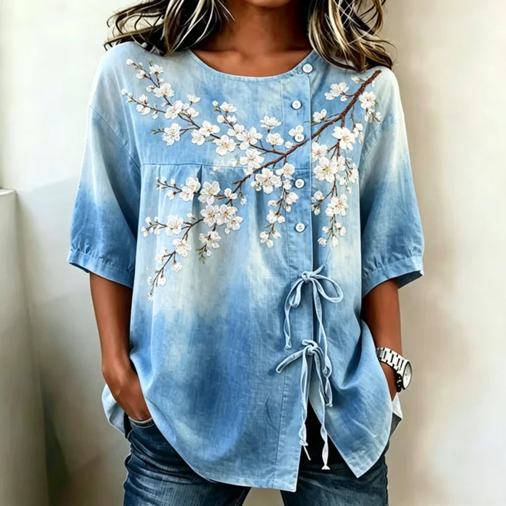 Cardydony Women's Japanese Style White Cherry Blossom Embroidered Artistic Waist Shirt