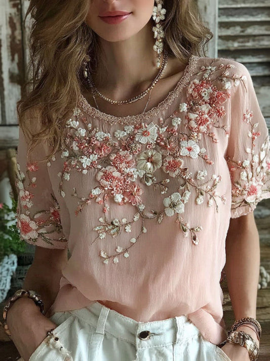 Cardydony Women's Floral Art Embroidery Cotton Linen T-shirt