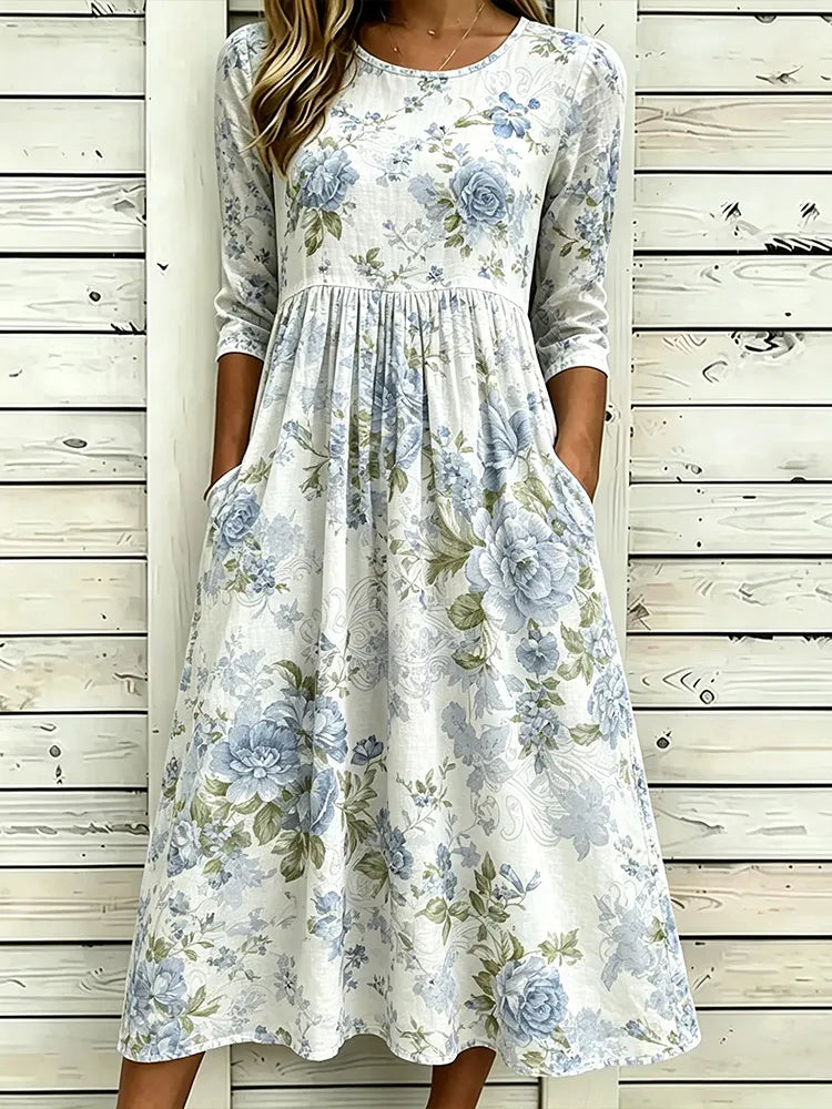Cardydony Bohemian Pastoral Vintage Style Light Blue Rose Floral Linen Midi Dress