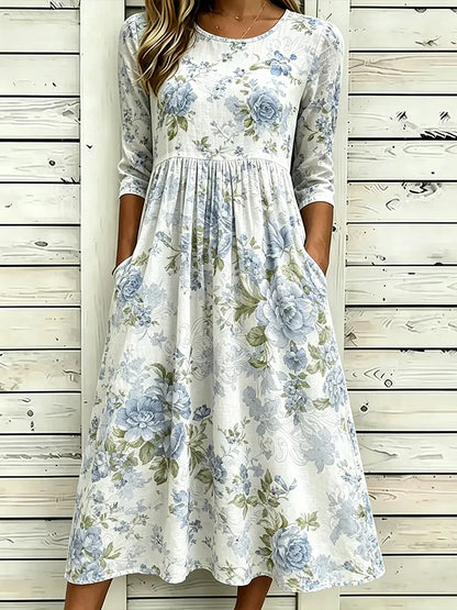 Cardydony Bohemian Pastoral Vintage Style Light Blue Rose Floral Linen Midi Dress