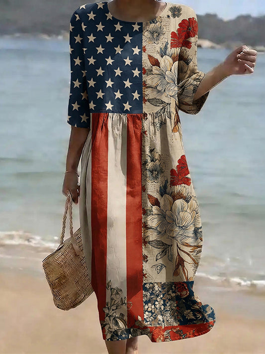 Cardydony Women's Vintage Independence Day Flag Flower Art Print Midi Dress
