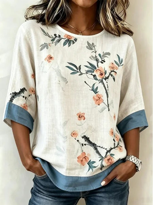 Cardydony Women's Bohemian Floral Pattern Color Block Linen Top