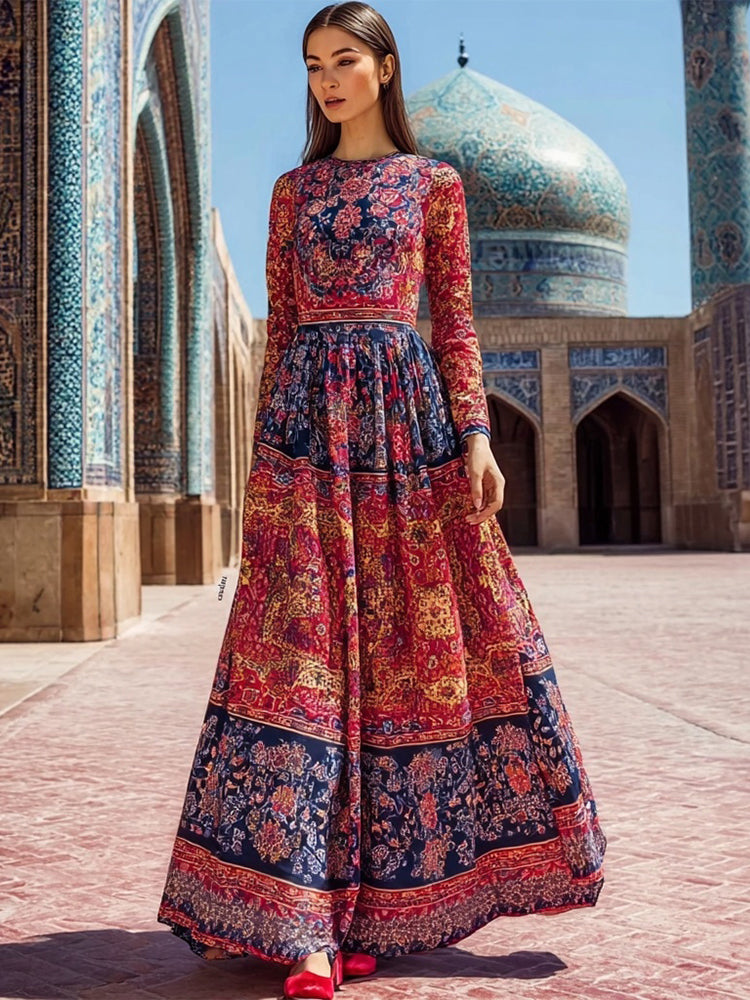 Cardydony Retro Iran Persian Pattern Inspired Cozy Linen Maxi Dress