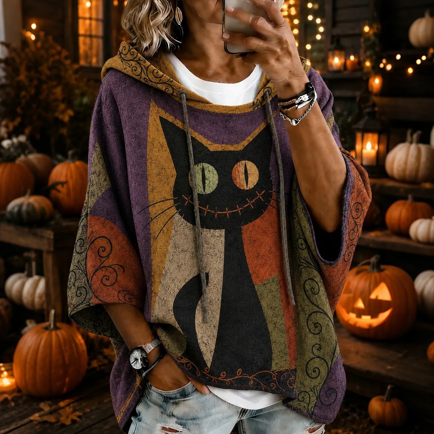 Cardydony Women's Halloween Black Cat Color Blocking Art Print Casual Hoodie