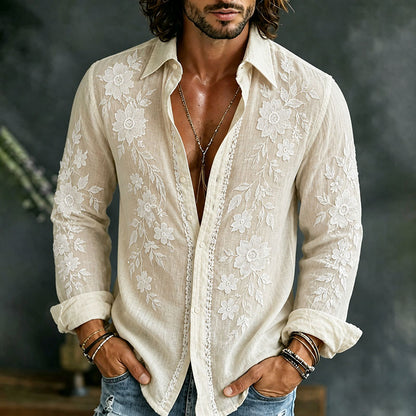 Cardydony Men's Vintage Floral Art Casual Cotton Linen Long-sleeved Shirt