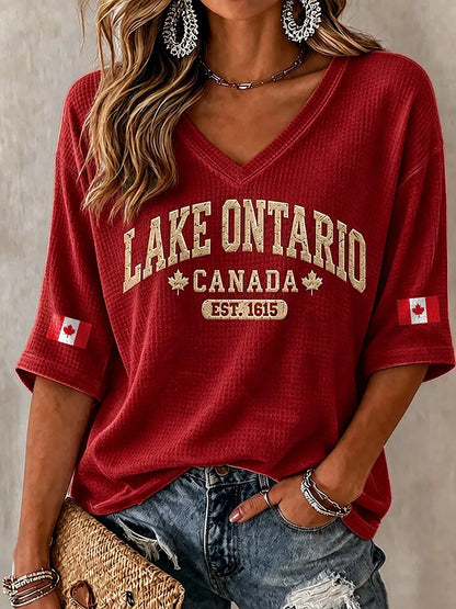 Cardydony Women's Retro 1615 Ontario Printed Mid-sleeve T-shirt