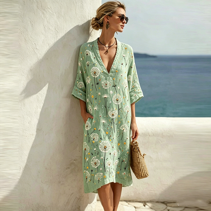 Cardydony Floral Pattern Design Women's Casual Linen Dress