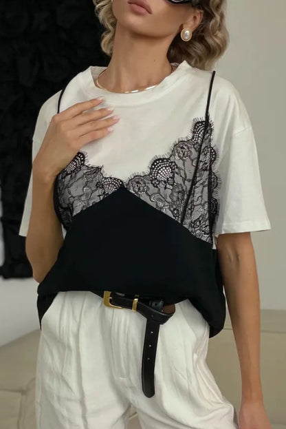 Cardydony Women's Fashionable Lace Patchwork Loose-fitting Round Neck Short-sleeved T-shirt