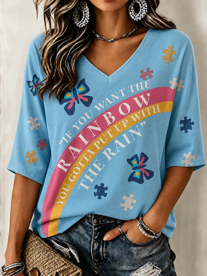 Cardydony Women's Country Music "if You Want A Rainbow, You Have To Endure The Storm" Pattern, Dolly Rainbow Slogan V-neck Casual T-shirt.