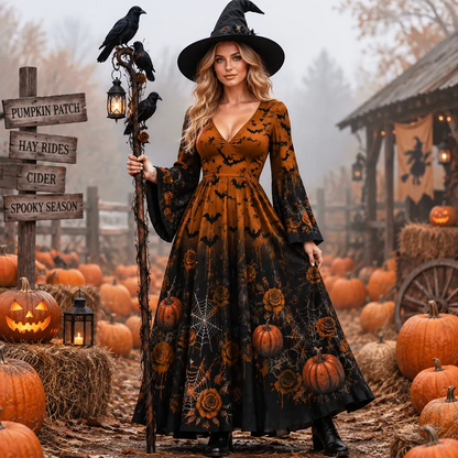 Cardydony Women's Halloween Cosplay Maxi Dress - Spooky Jack-o'-lanterns, Roses And Spider Webs Print Flowy Dress