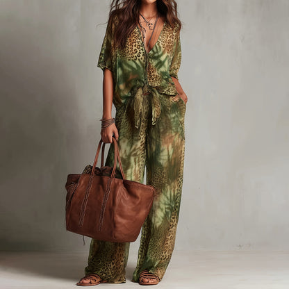 Cardydony Retro Leopard Print Art Print Shirt Two Piece Set
