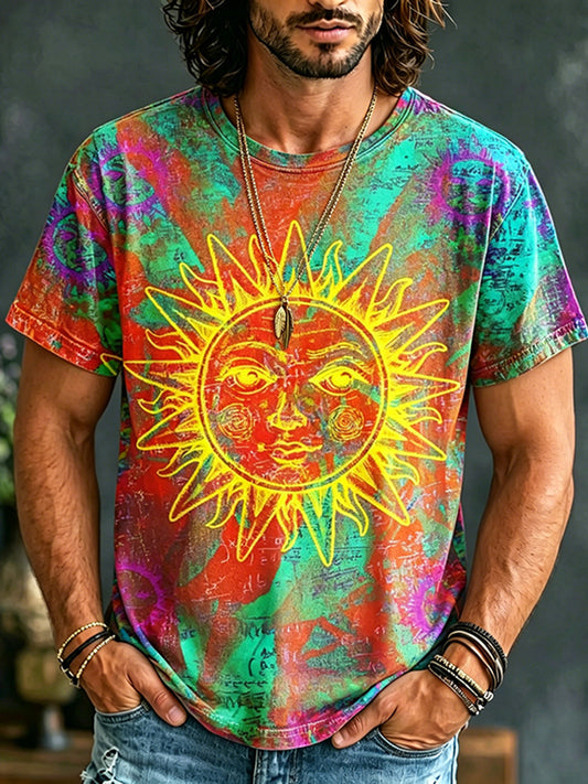 Cardydony Men's Sun Hippie Tie-dye Print Crew Neck T-shirt