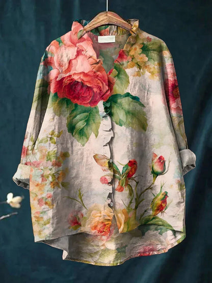 Cardydony Vintage Floral Patchwork Pattern Art Linen Ruffle Shirt