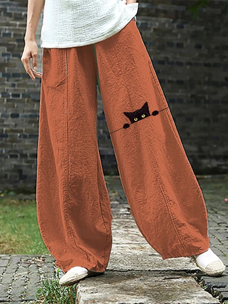 Cardydony Women's Casual Funny Black Cat Print Pants