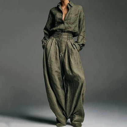 Cardydony Vintage Classy Blouse & Trousers Linen Two Piece Set