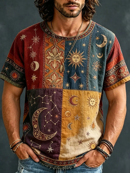 Cardydony Men's Hippie Sun Moon Patchwork Print Short Sleeve T-shirt