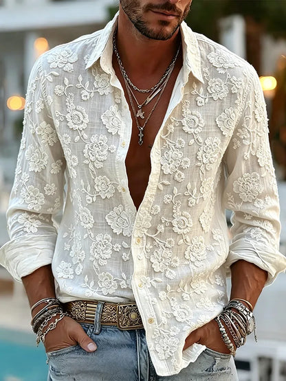 Cardydony Men's Vintage Floral Embroidery Art Cozy Linen Blouse