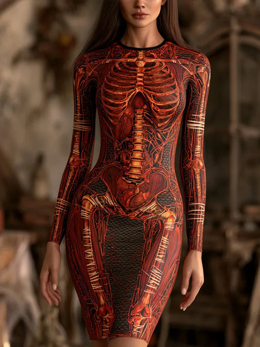 Cardydony Women's Halloween Skeleton And Bandage Art Slim Fit Long Sleeve Dress