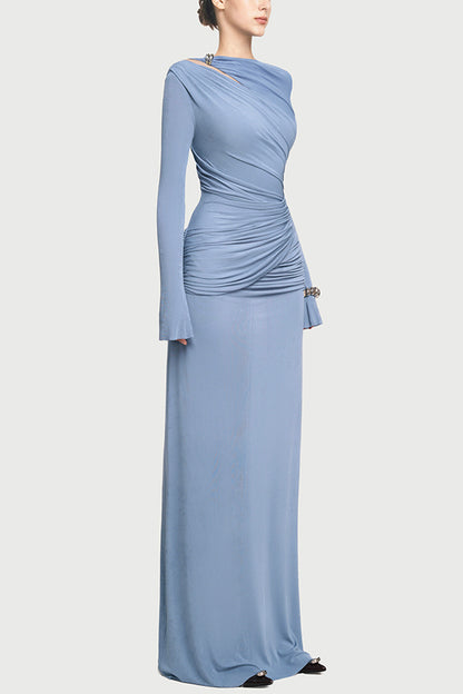 Cardydony Women's Stylish Long-sleeved Slim-fit Pleated Elegant Maxi Dress