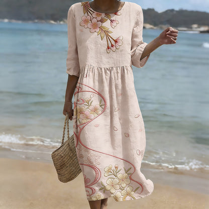 Cardydony Vintage Cherry Blossom Art Flowy Linen Maxi Dress