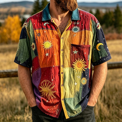 Cardydony Men's Colorblock Hippie Art Star Moon Sun Print Short Sleeve Shirt