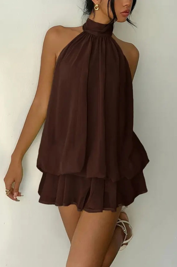 Cardydony Women's  Fashionable Chiffon Halter Neck Backless Lace-up Casual Vacation Mini Dress