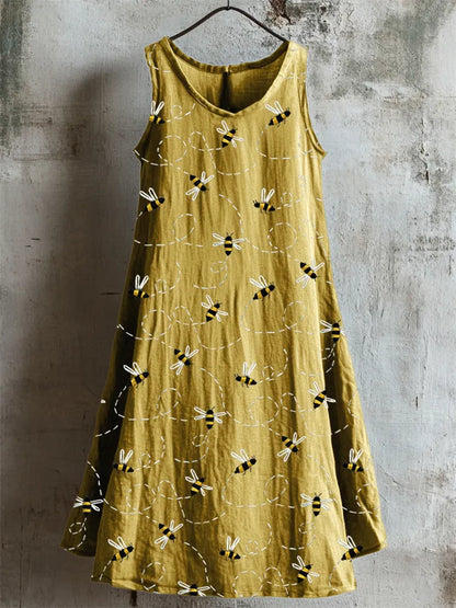 Cardydony Flying Bees Embroidered Linen Tank Dress