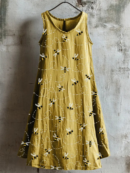 Cardydony Flying Bees Embroidered Linen Tank Dress