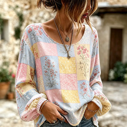 Cardydony Women's Casual Scoop Neck Long Sleeve T-shirt With Floral Patchwork Grid