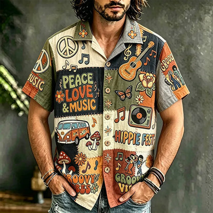 Cardydony Men's Hippie Style Peace Love Music Patchwork Art Print Casual Shirt