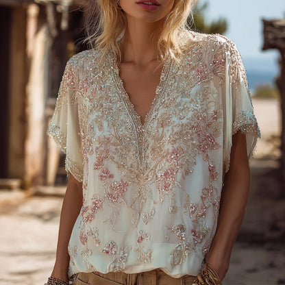 Cardydony Bohemian Beaded Embroidered V-neck Blouse For Women