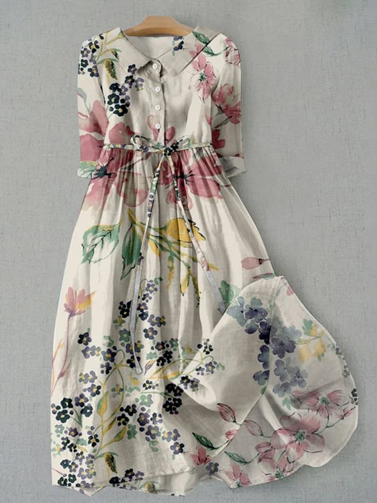 Cardydony Elegant Japanese Art Floral Print Lace-up Casual Midi Dress