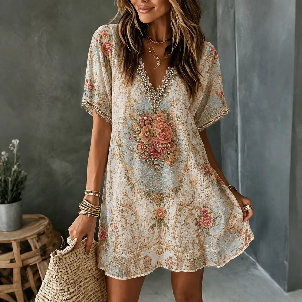 Cardydony Women's Retro Baroque Floral Art V-neck Linen Blend Midi Dress