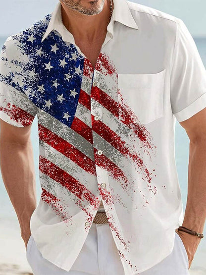 Cardydony Men's Retro Us Flag America's 250th Anniversary Print Pocket Button Up Shirt