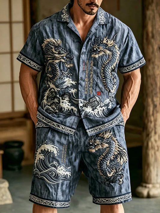 Cardydony Men's Dragon Pattern Wavy Text Vintage Cotton And Linen Short Sleeve Shirt And Shorts Two-piece Set