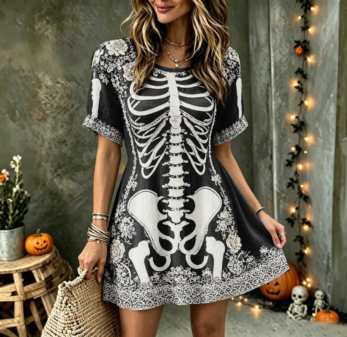 Cardydony Women's Vintage Halloween Rose And Human Skeleton Art Crew Neck Short Sleeve Mini Dress