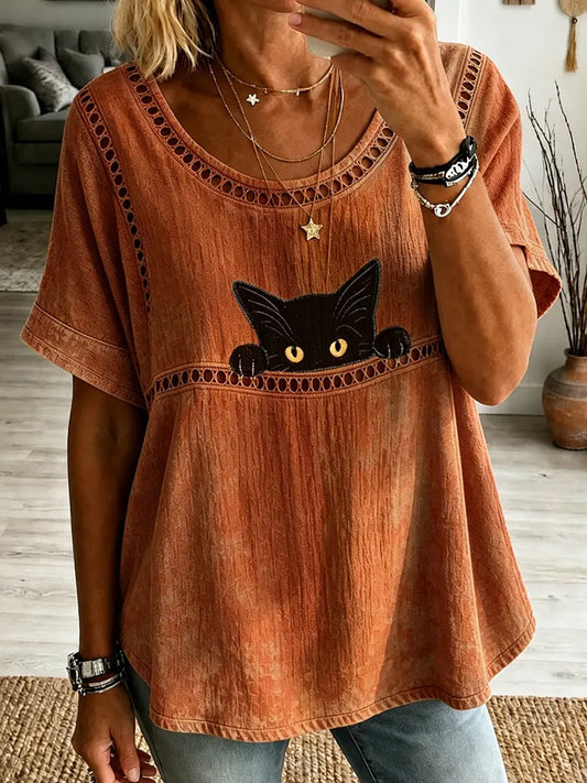 Cardydony Women's Hippie Black Cat Embroidery Art Linen Blend Crew Neck Tshirt