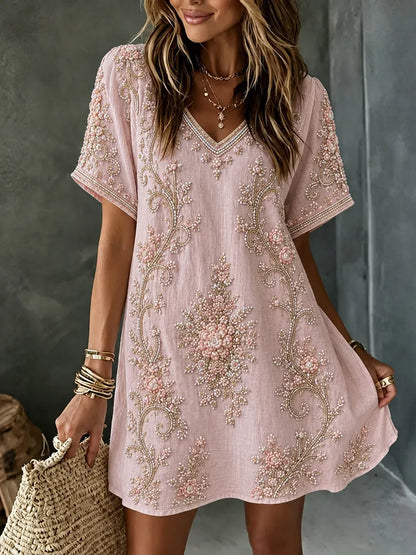 Cardydony Women's Retro Floral Embroidered Art V-neck Short Sleeve Midi Dress