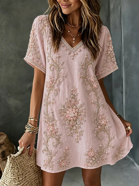 Cardydony Women's Retro Floral Embroidered Art V-neck Short Sleeve Midi Dress