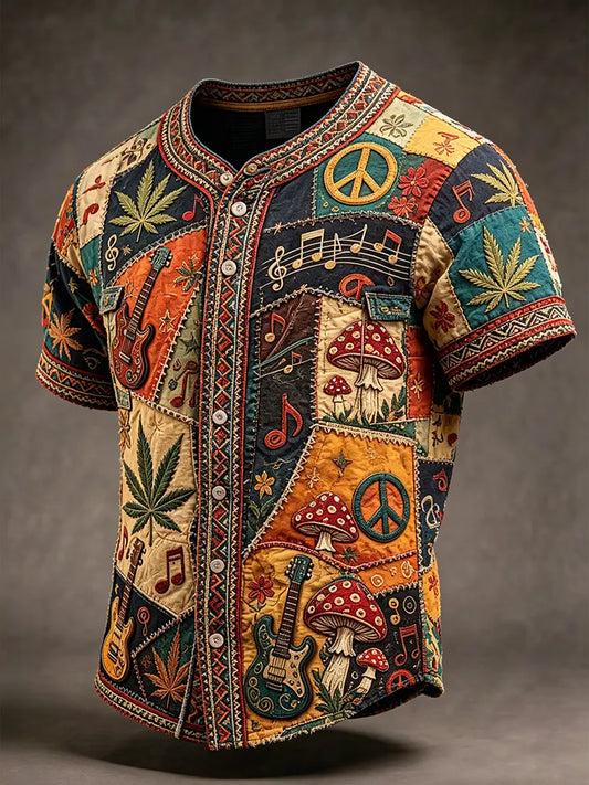 Cardydony Men's Color-blocked Retro Ethnic Print Short-sleeved Cotton And Linen Shirt