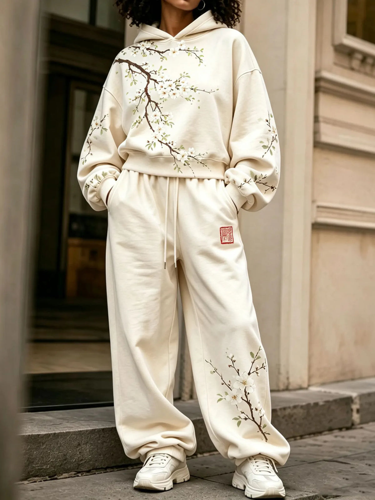 Cardydony Women's Vintage Japanese Floral Art Print Hoodie Two Piece Set